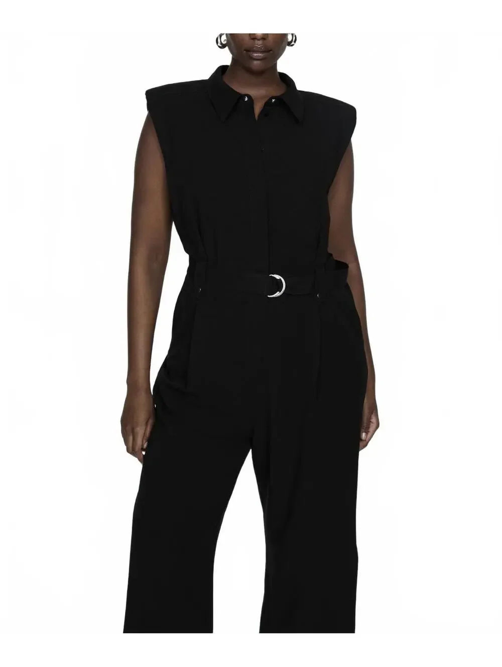 Mango Linen Blend Jumpsuit With Belt Clip and Shoulder Pad NWT Matty Black Large